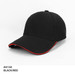 A black and red cap with a mesh design, featuring a curved peak and a logo on the front.