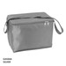 A silver cooler bag with a zippered top, featuring a shoulder strap and a logo on the side.
