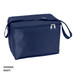 A navy cooler bag with a zippered top and an adjustable strap, featuring a logo on the side.