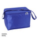 A royal blue 12 can cooler bag with a zippered closure and a shoulder strap. It features a logo.