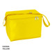 A yellow 12 can cooler bag with a zippered top and a side handle, featuring a logo.