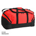 A red and black duffle bag with two carrying handles and a detachable shoulder strap. It features a zippered main compartment.