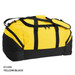 A duffle bag in yellow and black, featuring a shoulder strap and a zippered main compartment. It has a logo.