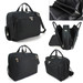 A black laptop bag with multiple compartments, zip closures, and a shoulder strap. It features a logo on the exterior.
