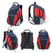 A red and navy blue backpack with multiple compartments and padded straps, featuring a logo on the front.