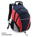 A navy, red, and grey Fraser Backpack featuring multiple compartments and a logo.