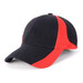 A black and red cap featuring a curved brim and a logo on the front panel.