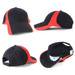 A black and red cap with a structured design and a branded logo on the front, showcasing multiple angles.