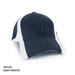 A navy and white cap with a structured design and a logo.