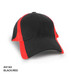 A black and red cap featuring a branded logo, designed for headwear.
