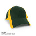 A green and gold cap featuring a logo, designed for headwear use.