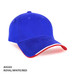 A blue, red, and white cap with a rounded peak and a logo on the front.