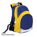 A royal blue, white, and gold backpack with a mesh side pocket and a logo.