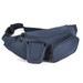 A navy waist bag with multiple zippered compartments and side pockets, featuring a logo.