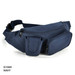 A navy waist bag featuring multiple zippered compartments and side pockets, complete with a logo.