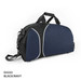 A black and navy casual sports bag with dual handles, a shoulder strap, and a logo.