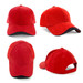 A red cap with a black peak and an adjustable strap at the back, featuring a logo.