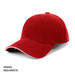 A red and white cap with a curved brim, featuring a logo on the front.