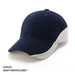 A navy, white, and grey cap featuring a structured design and a logo on the front.