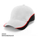 A cap featuring a white front, black back, and red trim, complete with a logo on the front.