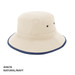 A natural and navy microfibre bucket trim hat featuring ventilation eyelets and a stitched brim.