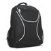 A black backpack with white piping details, featuring a front zip pocket and mesh side pockets. Includes branding.