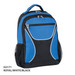 A blue, white, and black backpack features multiple compartments and mesh side pockets. It has a logo on it.