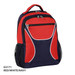 A red and navy backpack featuring a front zip pocket and side mesh pockets, with a logo branding visible.