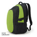 A lime and black backpack featuring a zippered compartment and side mesh pocket. It includes adjustable straps and a logo.