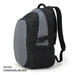 A charcoal and black backpack with a zippered front pocket and a side mesh pocket. Features adjustable straps and a logo.