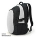 A black and white backpack with a mesh side pocket and adjustable straps, featuring a branding logo.