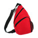 A red slingpack with multiple zippered pockets and a mesh side pocket, featuring an adjustable strap.