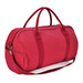 A red duffle bag with shoulder strap and handles, featuring a zipper and a small side pocket.