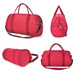 A red duffle bag featuring multiple handles and a shoulder strap, with a logo on the side.