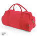 A red duffle bag with dual handles and a zippered compartment, featuring a logo.