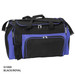 A duffle bag in black with royal blue accents, featuring multiple zippered compartments and a side mesh pocket.