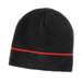 Acrylic two-tone beanie in black with a red stripe. Features a logo on the side.