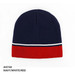 Acrylic two-tone beanie in navy, white, and red with a striped band. Features a logo on the side.
