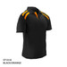 A black and orange polo shirt with striped accents and a collar. It features a logo on the chest.