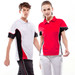 A white and red polo shirt set, featuring black accents, worn by a male and female model. Both shirts have a logo.