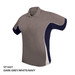 A dark grey polo shirt with white and navy accents, featuring a logo on the chest area.