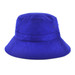 A bright blue bucket hat with a round crown and wide brim, featuring a small logo.