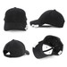 A black cap with a structured design featuring a logo and an adjustable strap at the back.