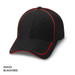 A black cap with red piping, featuring a curved brim and a logo. Suitable for casual wear.