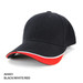A black cap with a red and white trimmed brim, featuring a logo on the front.