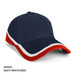 A navy, white, and red cap with a curved brim and a branded logo on the front.