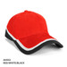 A red cap with black and white accents features a logo. It has a curved brim and is designed as headwear.