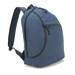 A blue basic backpack with a zippered front pocket and padded shoulder straps. It features branding on the surface.