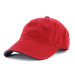A red enzyme washed cap with a curved brim, featuring a branding logo on the side.
