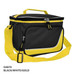 A cooler bag in black, white, and gold, featuring a shoulder strap and zippered compartments. It has a logo on the front.